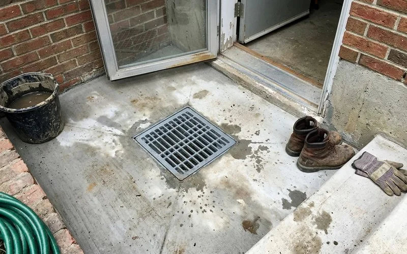 Accessible catch basin grate at the bottom of a new walkout landing