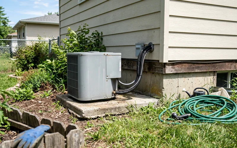 AC condenser and refrigerant lines next to a foundation