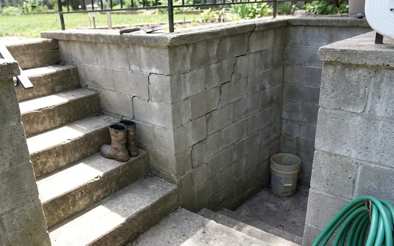 Bowed concrete block walkout wall with stair-step mortar cracks