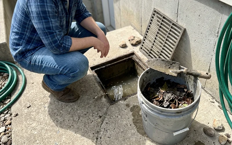Bucket of removed leaves and silt next to an open walkout catch basin