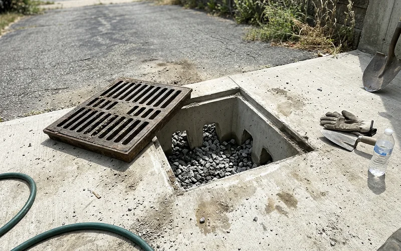 Clean, empty walkout catch basin with the grate set beside it