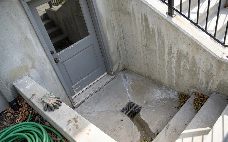Door threshold and sloped landing at the bottom of a walkout