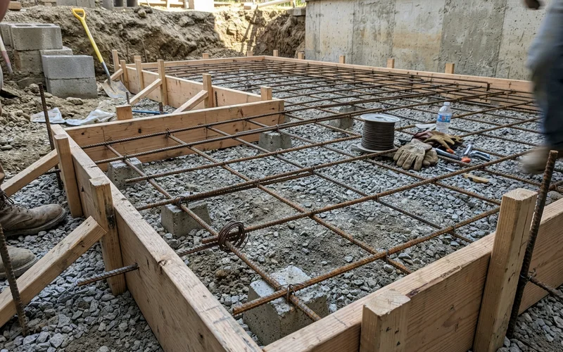 Close view of rebar grid and footing forms in a walkout excavation