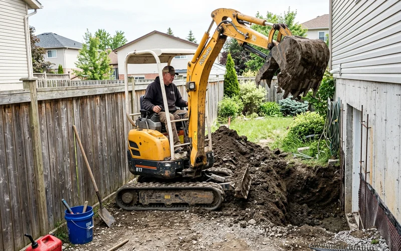 Compact excavator digging a walkout in a tight backyard