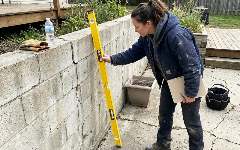 Contractor inspecting a walkout wall crack with a level