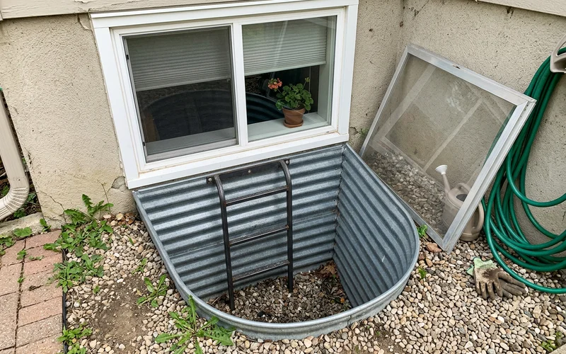 Egress window well with a ladder beside a basement bedroom window