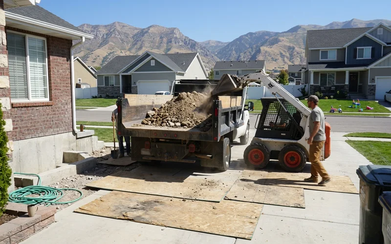 Dump truck in a driveway being loaded with soil from a backyard dig
