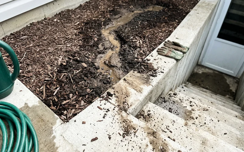 Eroded mulch bed draining into a walkout stairwell after rain
