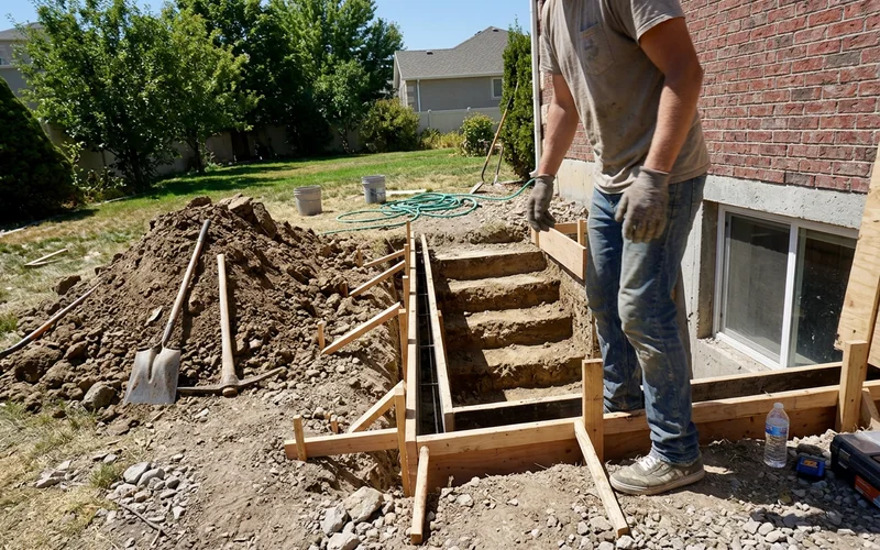 Excavated walkout stairwell with formwork and a pile of dirt awaiting haul-off