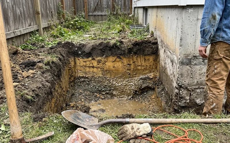 Excavation showing wet soil layers beside a house foundation