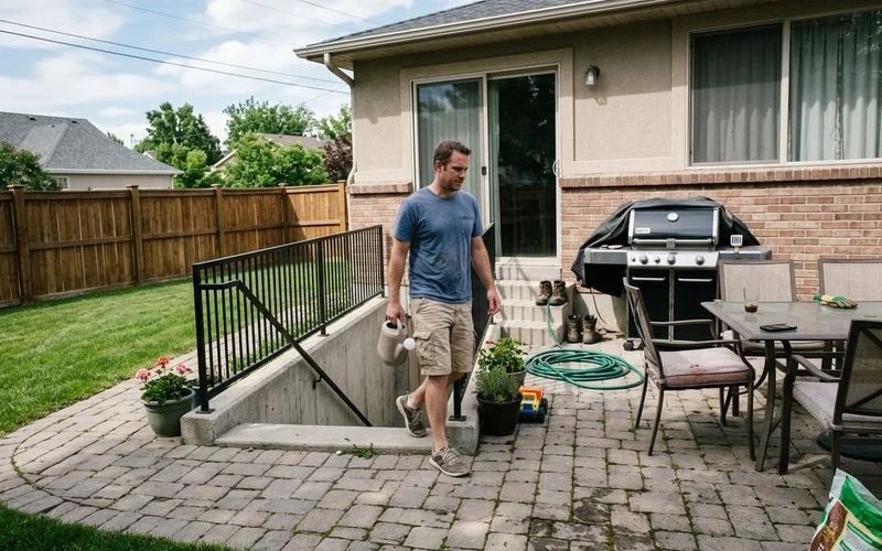 Exterior basement walkout entrance with railing beside a backyard patio