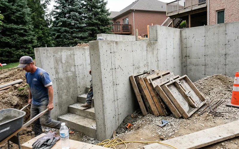 Freshly poured concrete retaining walls of a walkout stairwell