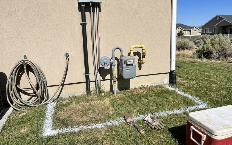 Gas meter and exterior lines beside a planned walkout area