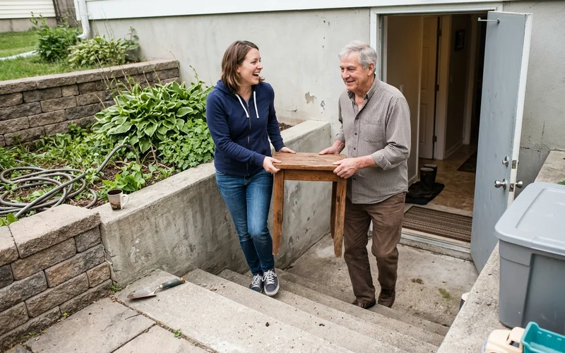 Family carrying furniture down comfortable walkout stairs into a basement suite