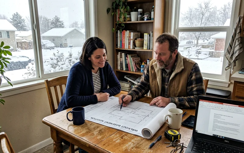 Reviewing walkout plans indoors during winter