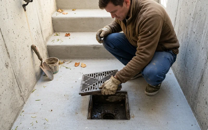 Homeowner lifting a catch basin grate at the bottom of a concrete walkout stairwell in fall