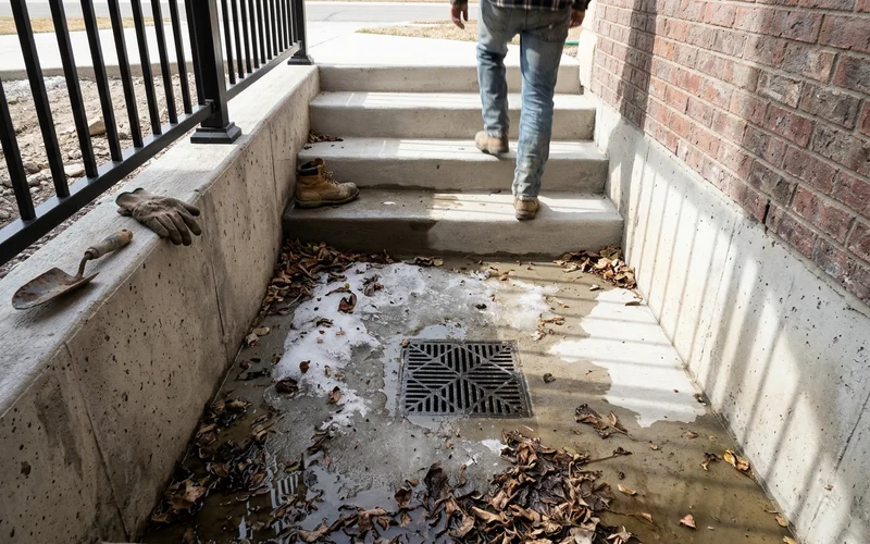 Ice and leaves around a walkout catch basin grate in early spring