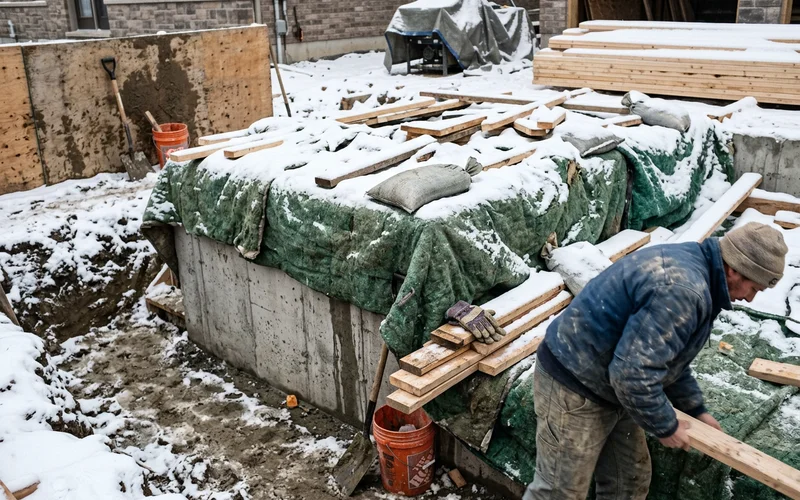 Insulated blankets over fresh concrete walls in a walkout stairwell