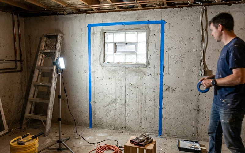 Basement window in a foundation wall marked for a future door