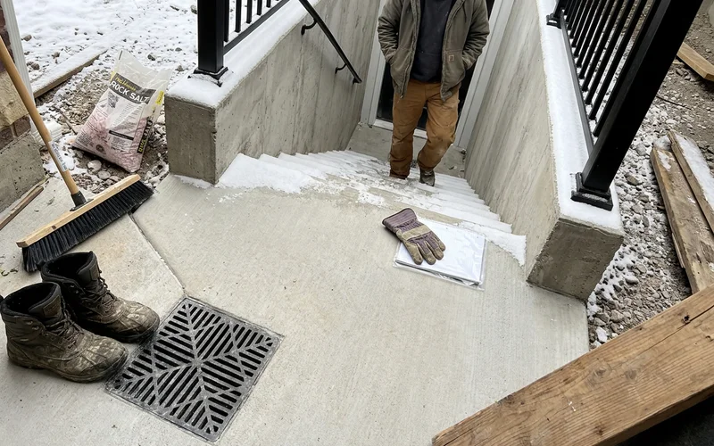 Walkout stairs with light snow, a handrail and a sloped landing
