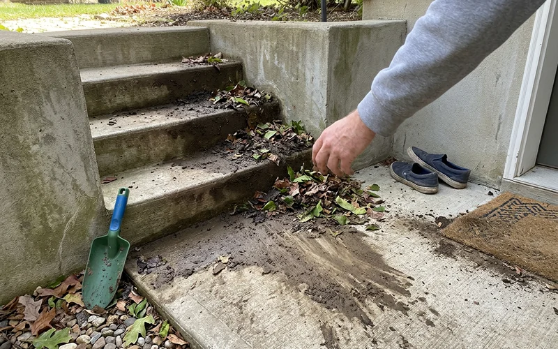 Mud and leaves washed into a walkout stairwell from an eroded flower bed above