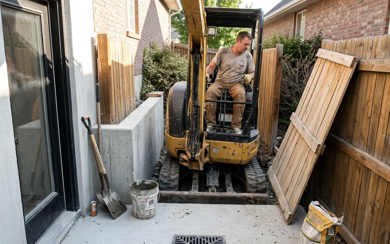 Narrow side yard with compact excavator access beside a house foundation