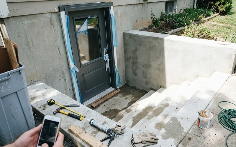 New walkout door installed in a foundation wall at the bottom of concrete stairs