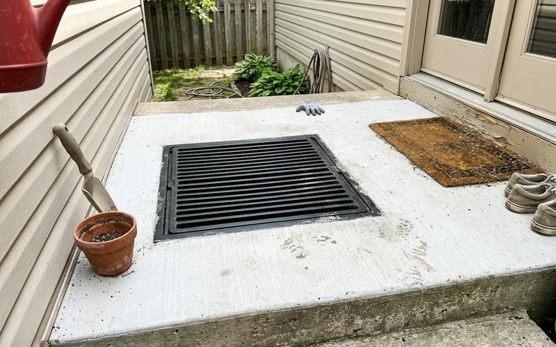Illustration of an oversized accessible catch basin grate in a walkout landing