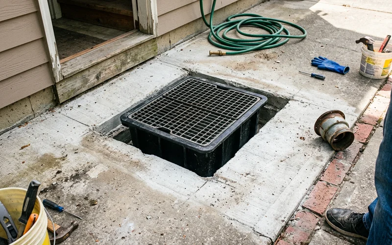 Oversized replacement catch basin beside a removed small drain in a walkout landing