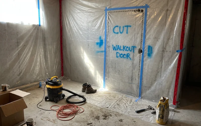 Dust barrier set up inside a basement around a walkout door location