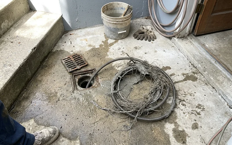Drain snake pulled from a small walkout floor drain covered in silt