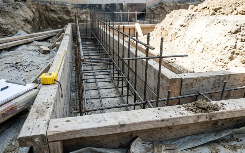 Rebar and footing forms in a walkout excavation ready for inspection
