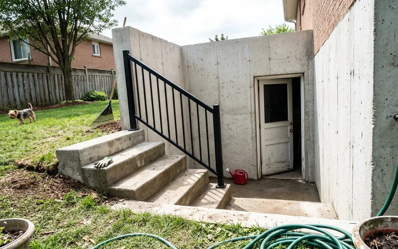Illustration of a rebuilt walkout with new walls, deeper treads and a railing