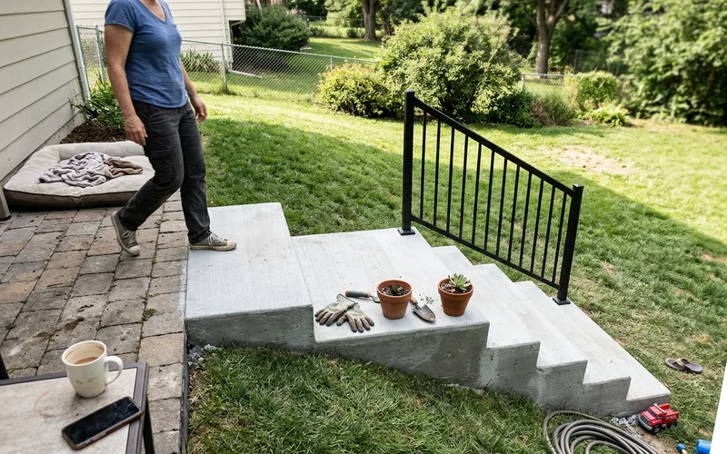 Rebuilt walkout stairs with deeper treads, a landing and a metal railing