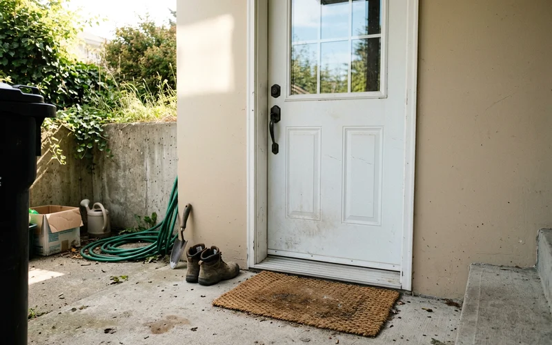Single exterior door with threshold at a walkout landing