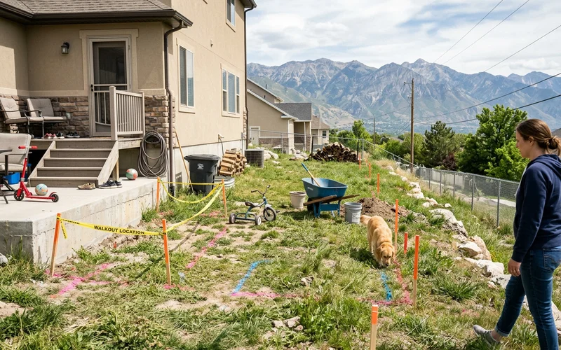 Sloped backyard with a walkout location marked on the downhill side