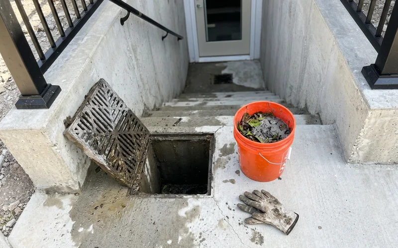 Bucket of leaves and silt removed from a walkout catch basin