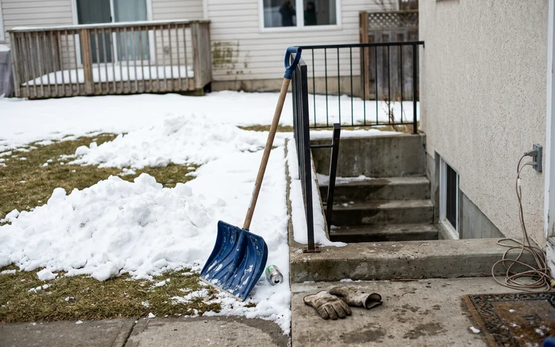Cleared walkout steps with snow piled away from the stairwell