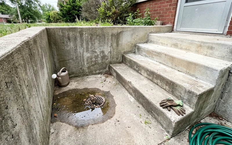 Sound walkout walls with only a clogged drain and a puddle at the landing