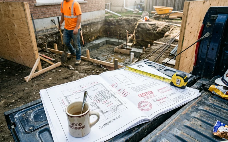 Structural engineering drawings for a basement walkout on a job site