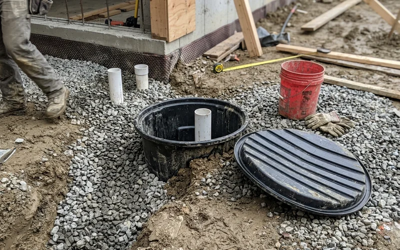 Sump basin beside a walkout drainage reservoir during construction