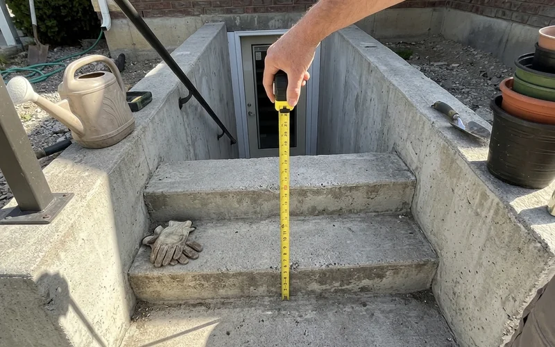 Tape measure showing uneven riser heights on old walkout steps