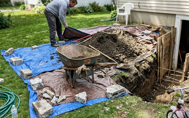Tarps protecting a lawn under a temporary soil stockpile