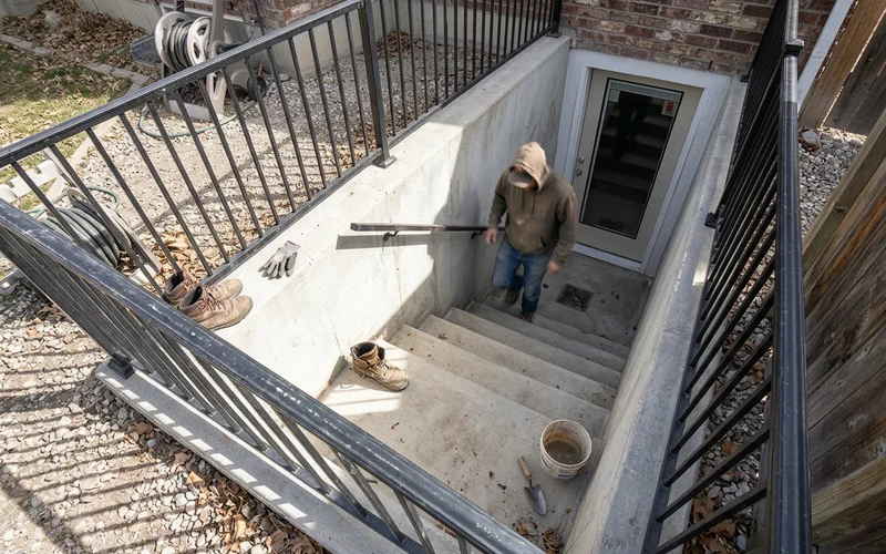 Turned walkout stair layout with a mid landing seen from above