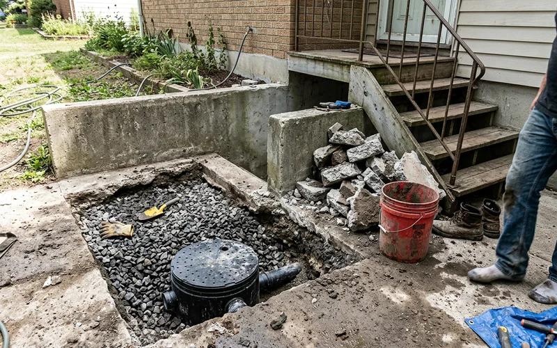 Walkout landing removed to expose drain rock and reservoir during an upgrade