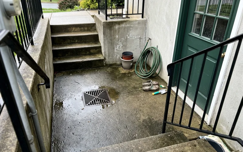 Walkout landing with door, railing and catch basin after light rain