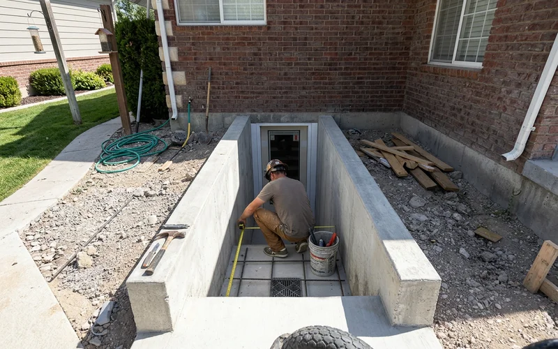 Illustration of a walkout excavation beside a foundation with wall forms, rebar and footings
