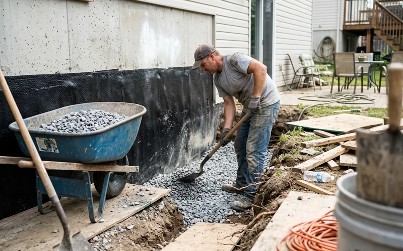 Drain rock placed against a waterproofed walkout wall during backfill