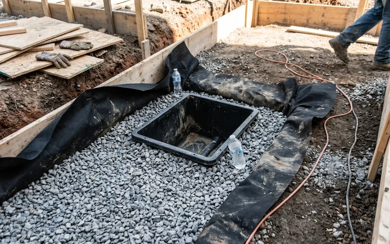 Washed drain rock surrounding a subsurface reservoir during walkout construction
