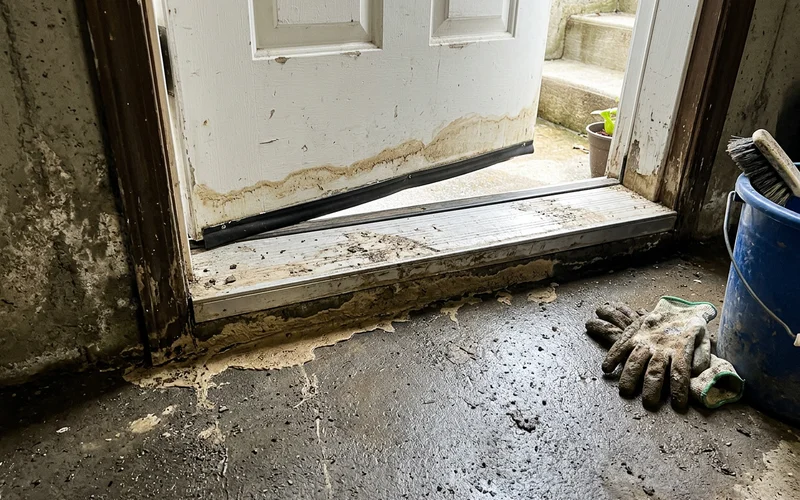 Water stain on the bottom of a walkout door and threshold after flooding